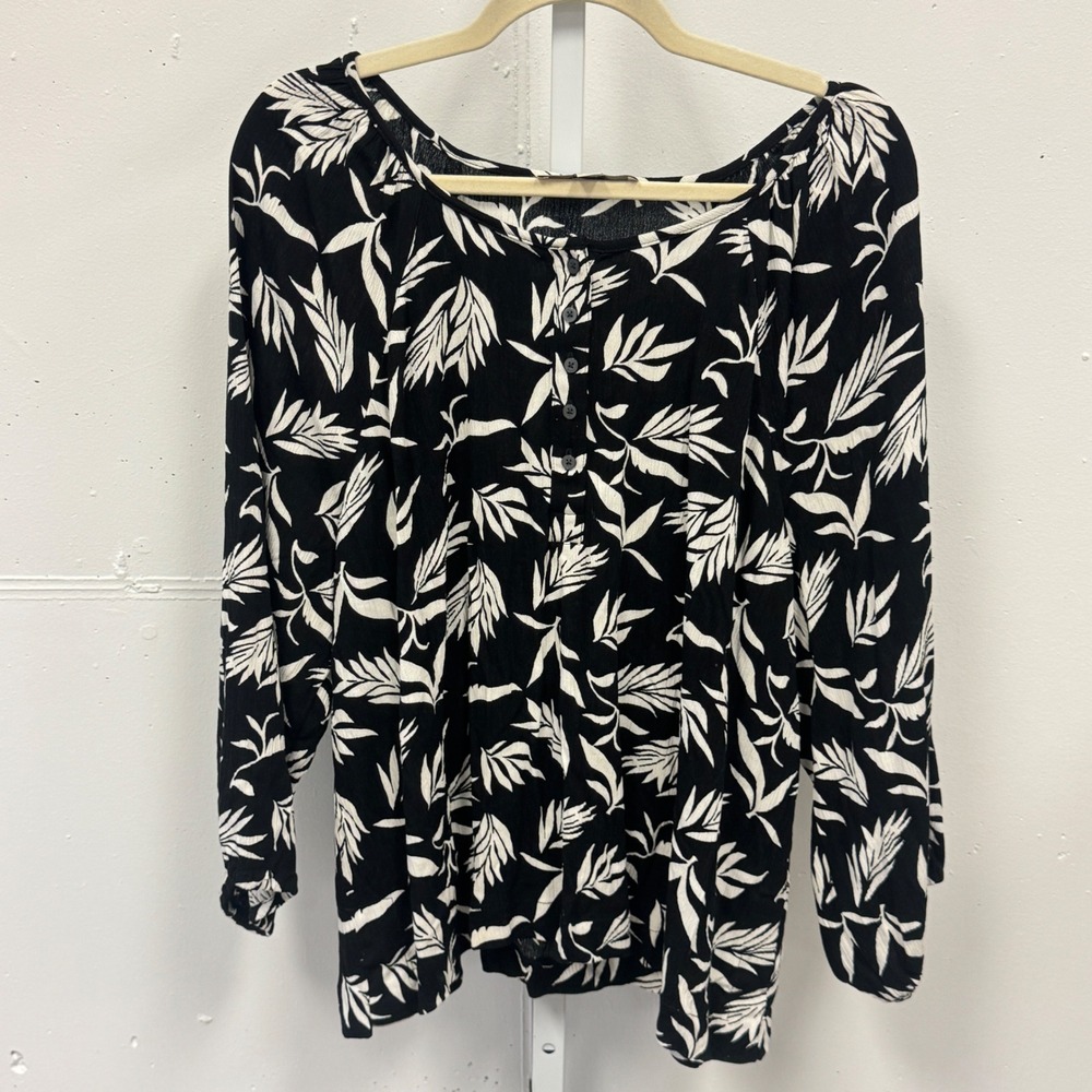 LOFT Leaf Print‎ Henley Blouse Long Sleeve Rayon Top Women's XL Black White